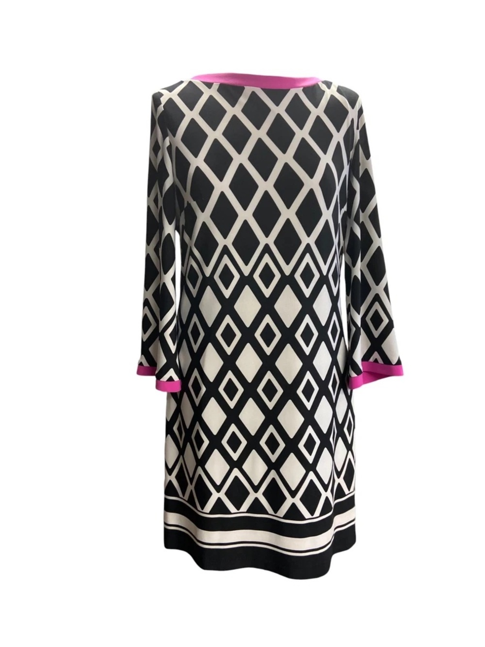 Joseph Ribkoff Black and White Geometric Long Sleeve Dress with Pink Trim
